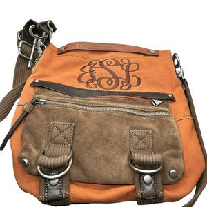 Fossil Crossbody Handbag Womens Orange Canvas Monogrammed GSL Inner Pocket